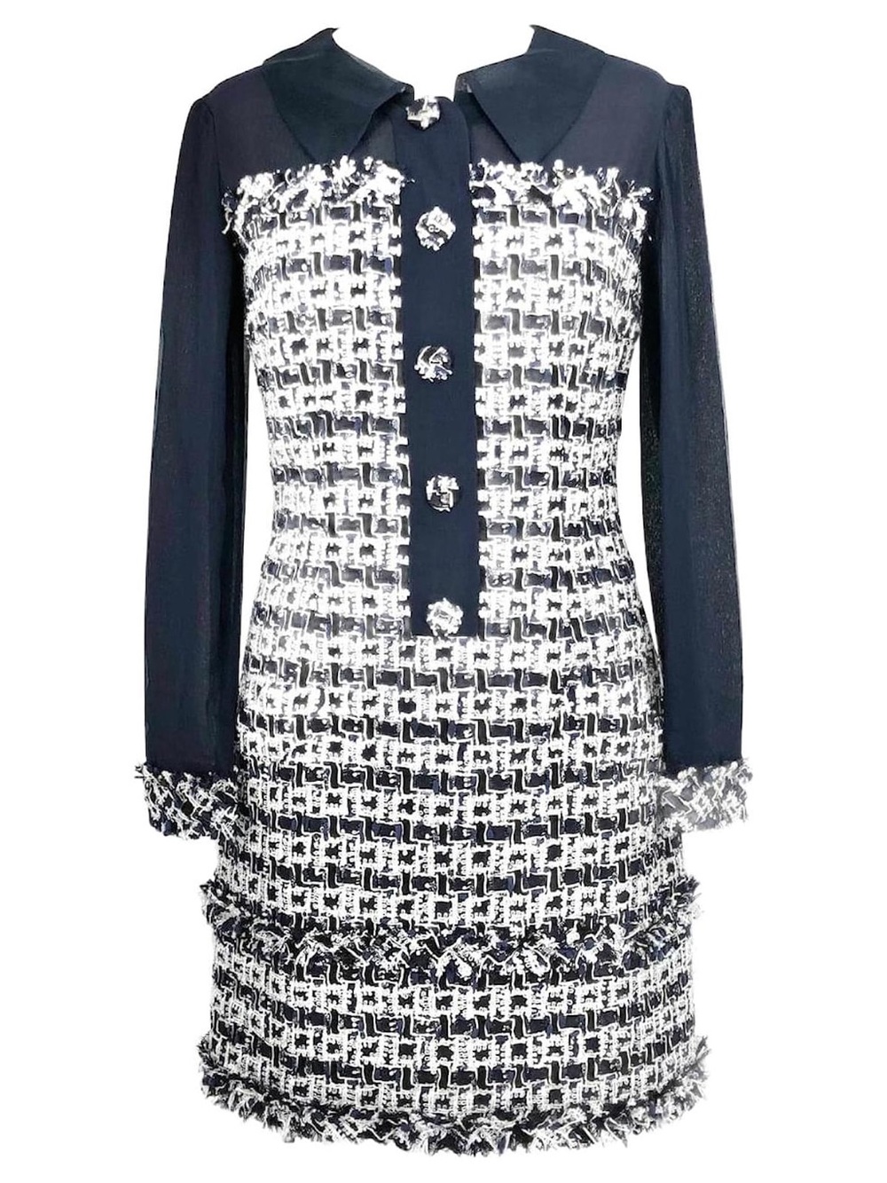 Oscar de la Renta Navy & White Tweed Long-Sleeve Shift Dress